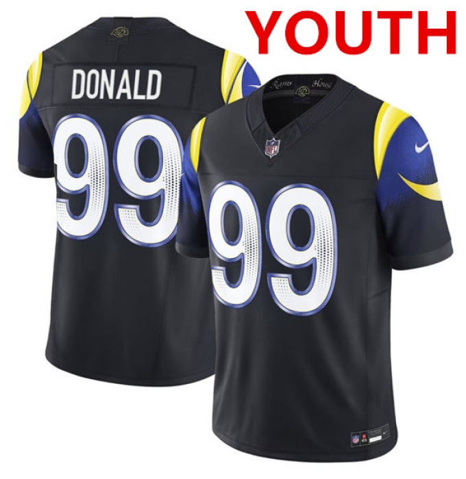 Youth los angeles rams #99 aaron donald midnight blue 2025 f.u.s.e. “rivalries” vapor limited football stitched jersey