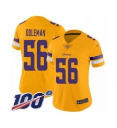 Women's Minnesota Vikings #56 Chris Doleman Limited Gold Inverted Legend 100th Season Football Jersey