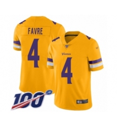 Men's Minnesota Vikings #4 Brett Favre Limited Gold Inverted Legend 100th Season Football Jersey