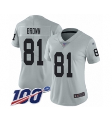 Women's Oakland Raiders #81 Tim Brown Limited Silver Inverted Legend 100th Season Football Jersey