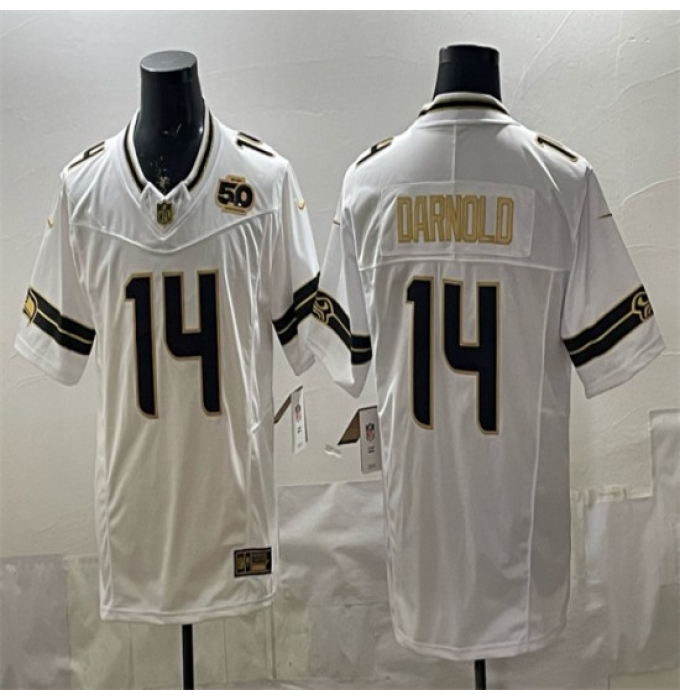 Men's Seattle Seahawks #14 Sam Darnold White Gold 2025 F.U.S.E. 50th Season Vapor Limited Stitched Football Jersey