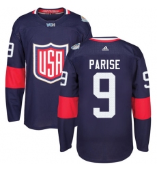 Youth Adidas Team USA #9 Zach Parise Authentic Navy Blue Away 2016 World Cup Ice Hockey Jersey