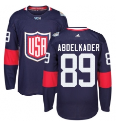 Men's Adidas Team USA #89 Justin Abdelkader Authentic Navy Blue Away 2016 World Cup Ice Hockey Jersey