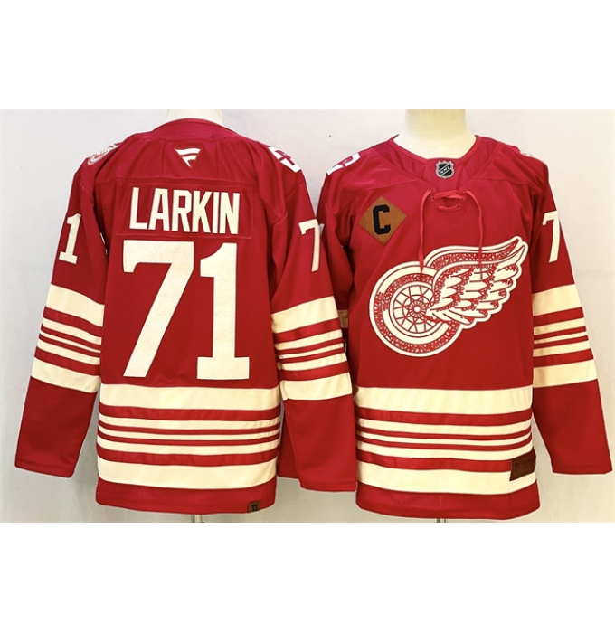 Men's Detroit Red Wings #71 Dylan Larkin Red 2025-26 With C Centennial Premium Stitched Hockey Jersey
