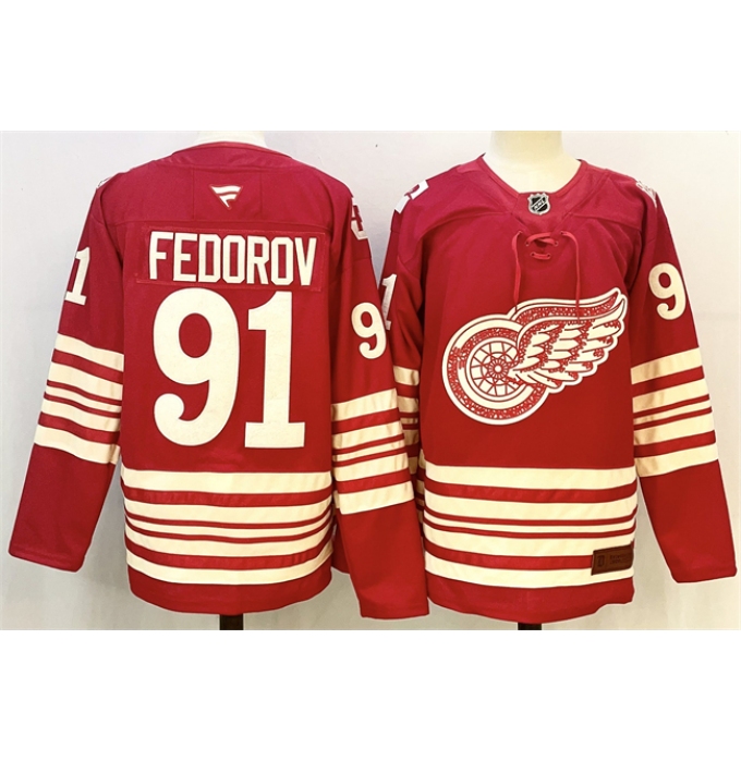 Men's Detroit Red Wings #91 Sergei Fedorov Red 2025-26 Centennial Premium Stitched Hockey Jersey