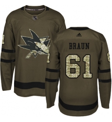 Men's Adidas San Jose Sharks #61 Justin Braun Premier Green Salute to Service NHL Jersey