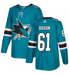Youth Adidas San Jose Sharks #61 Justin Braun Premier Teal Green Home NHL Jersey