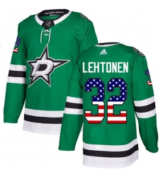 Men's Adidas Dallas Stars #32 Kari Lehtonen Authentic Green USA Flag Fashion NHL Jersey
