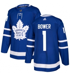 Men's Adidas Toronto Maple Leafs #1 Johnny Bower Authentic Royal Blue Home NHL Jersey
