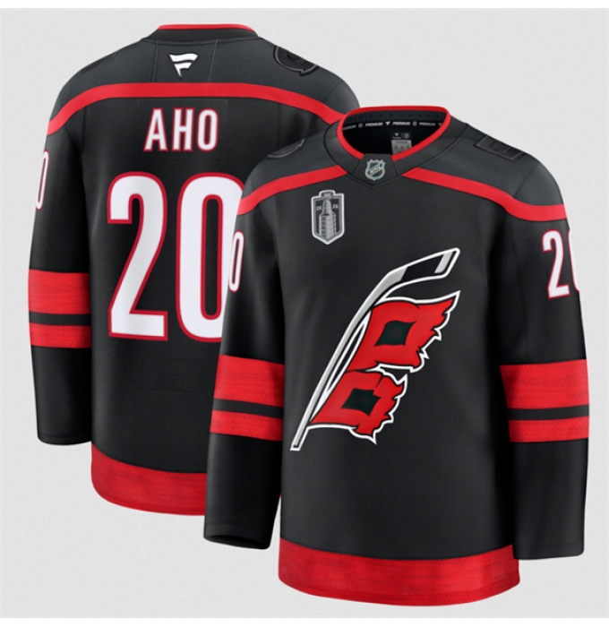 Men's Carolina Hurricanes #20 Sebastian Aho Black 2026 Stanley Cup Final Home Premium Hockey Stitched Jersey