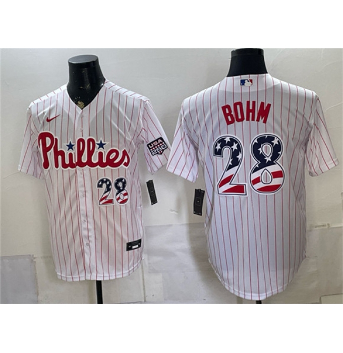 Men's Philadelphia Phillies #28 Alec Bohm White USA 250 Fourth of July Home Stitched Baseball Jersey