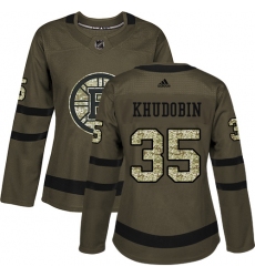Women's Adidas Boston Bruins #35 Anton Khudobin Authentic Green Salute to Service NHL Jersey