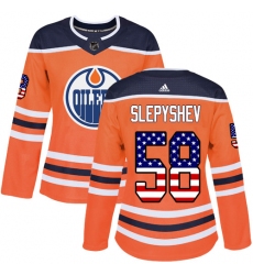 Women's Adidas Edmonton Oilers #58 Anton Slepyshev Authentic Orange USA Flag Fashion NHL Jersey