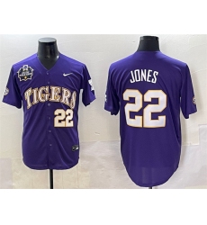 Men's LSU Tigers #22 Jared Jones Purple 2025 World Series & SEC Patch Stitched Baseball Jersey