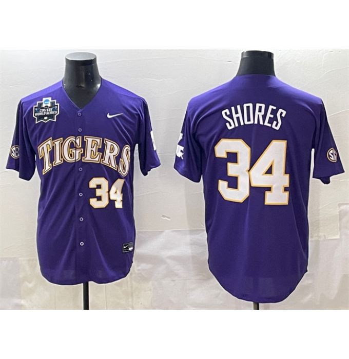 Men's LSU Tigers #34 Chase Shores Purple 2025 World Series & SEC Patch Stitched Baseball Jersey