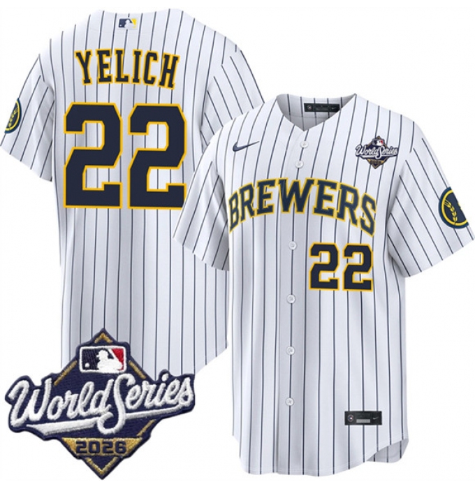 Men's Milwaukee Brewers #22 Christian Yelich White 2026 World Series Stitched Baseball Jersey