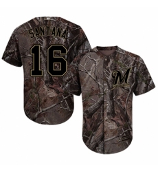 Men's Majestic Milwaukee Brewers #16 Domingo Santana Authentic Camo Realtree Collection Flex Base MLB Jersey