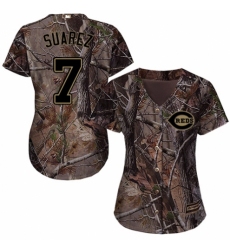 Women's Majestic Cincinnati Reds #7 Eugenio Suarez Authentic Camo Realtree Collection Flex Base MLB Jersey
