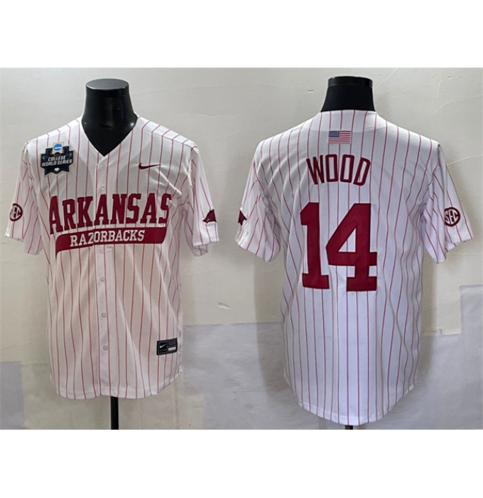 Men's Arkansas Razorbacks #14 Gage Wood White Pinstripe 2025 World Series & SEC Patch Stitched Jersey
