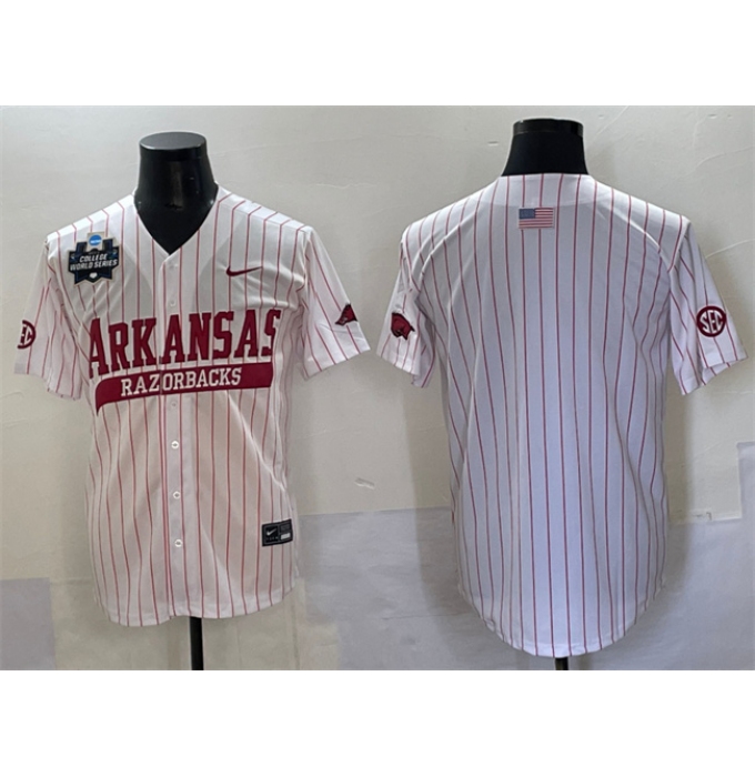Men's Arkansas Razorbacks Blank White Pinstripe 2025 World Series & SEC Patch Stitched Jersey