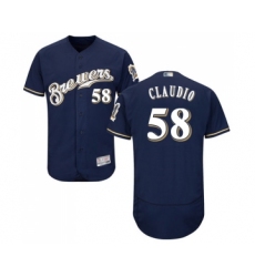 Men's Milwaukee Brewers #58 Alex Claudio Navy Blue Alternate Flex Base Authentic Collection Baseball Jersey