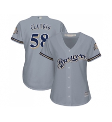 Women's Milwaukee Brewers #58 Alex Claudio Replica Grey Road Cool Base Baseball Jersey