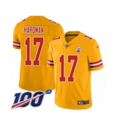 Men's Kansas City Chiefs #17 Mecole Hardman Limited Gold Inverted Legend 100th Season Football Jersey