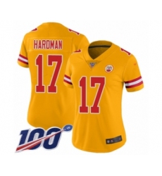 Women's Kansas City Chiefs #17 Mecole Hardman Limited Gold Inverted Legend 100th Season Football Jersey