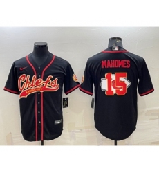 Men's Kansas City Chiefs #15 Patrick Mahomes Black Team Big Logo With Patch Cool Base Stitched Baseball Jersey