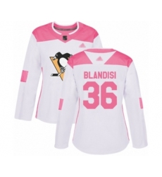 Women's Pittsburgh Penguins #36 Joseph Blandisi Authentic White  Pink Fashion Hockey Jersey