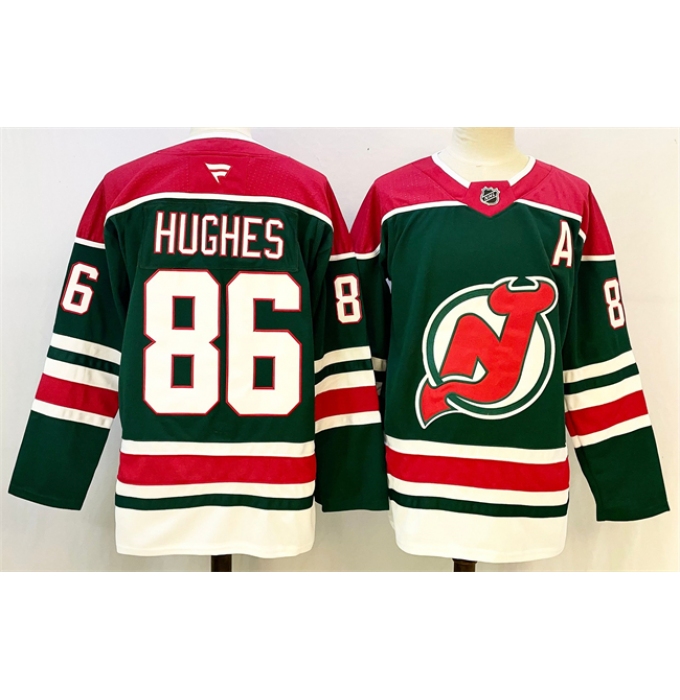 Men's New Jersey Devils #86 Jack Hughes Green Red 2024-25 With A Stitched Hockey Jersey