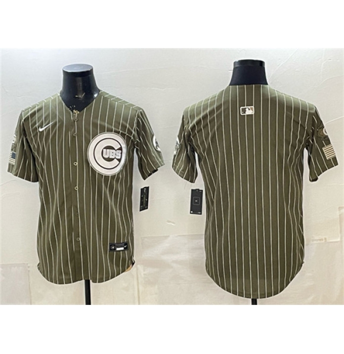 Men's Chicago Cubs Blank Pinstripe Olive 2026 Armed Forces Day Salute To Service Stitched Baseball Jersey