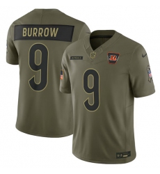 Men's Cincinnati Bengals #9 Joe Burrow Olive 2025 Salute to Service Limited Football Stitched Jersey