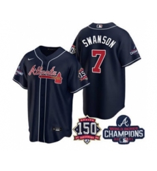 Men's Atlanta Braves #7 Dansby Swanson 2021 Navy World Series Champions With 150th Anniversary Patch Cool Base Stitched Jersey