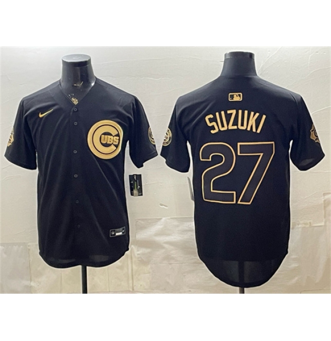 Men's Chicago Cubs #27 Seiya Suzuki Black Gold 150th Anniversary Stitched Baseball Jersey