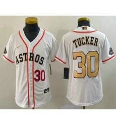Youth Houston Astros #30 Kyle Tucker Number 2023 White Gold World Serise Champions Cool Base Stitched Jersey
