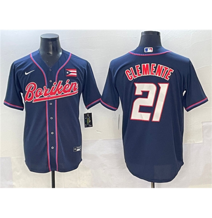 Men's Puerto Rico Baseball #21 Roberto Clemente Navy 2023 World Baseball Classic Stitched Jersey