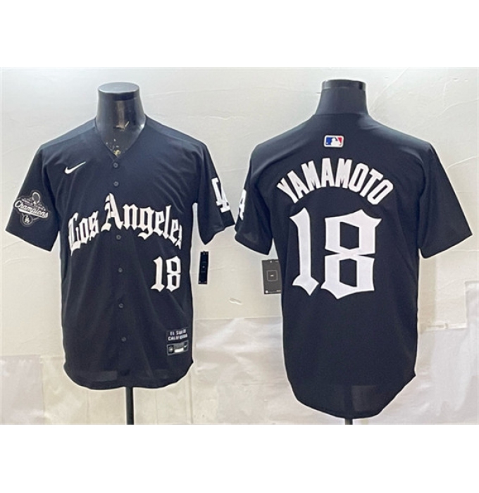 Men's Los Angeles Dodgers #18 Yoshinobu Yamamoto Black LA Gothic Style With 2025 World Series Champions Limited Stitched Baseball Jersey