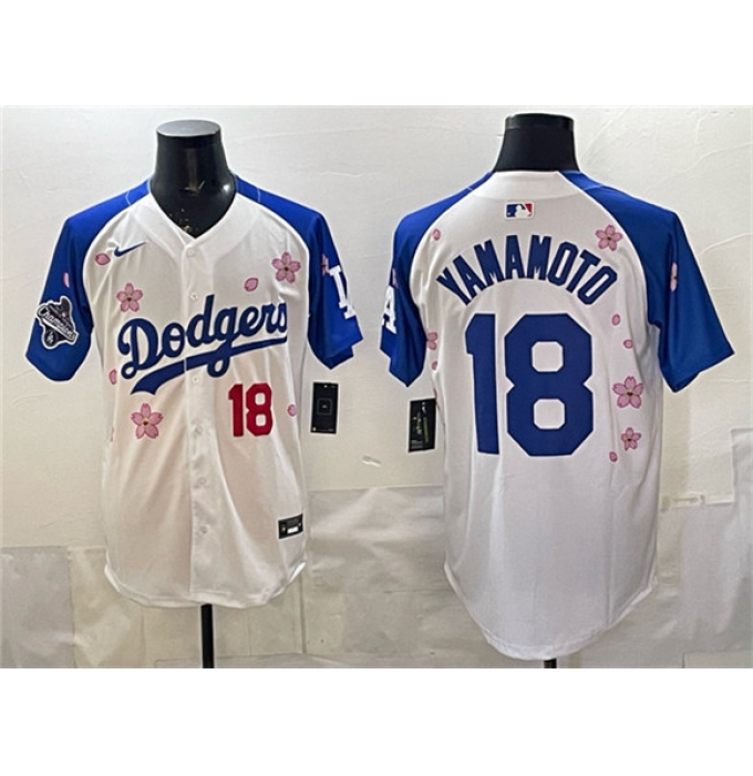 Men's Los Angeles Dodgers #18 Yoshinobu Yamamoto White Royal 2025 World Series Champions Tokyo Series Limited Stitched Baseball Jersey