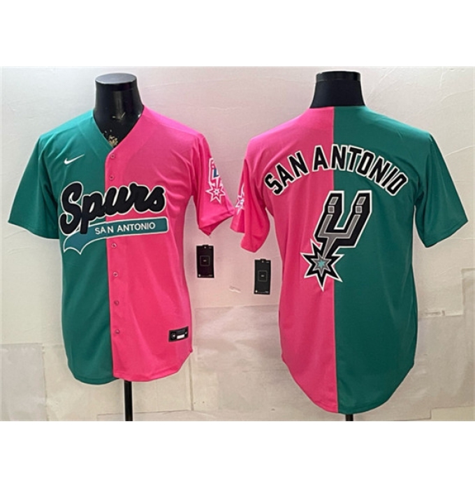 Men's San Antonio Spurs Team Big Logo Teal Pink Split Stitched Jersey