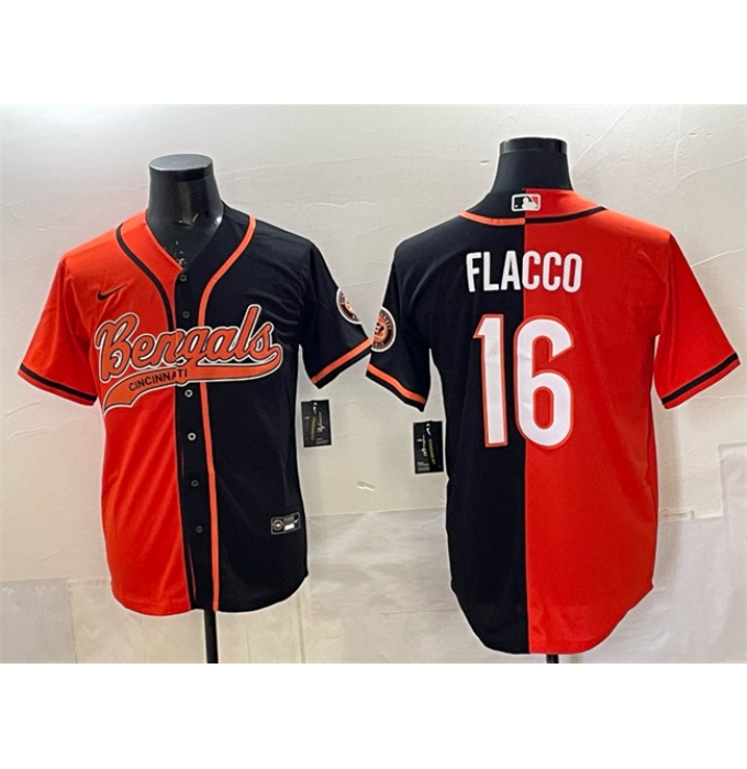 Men's Cincinnati Bengals #16 Joe Flacco Orange Black Split With Cool Base Stitched Baseball Jersey
