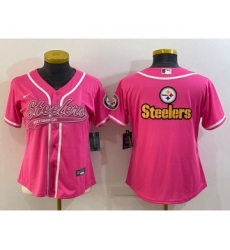 Women's Pittsburgh Steelers Pink Team Big Logo With Patch Cool Base Stitched Baseball Jersey