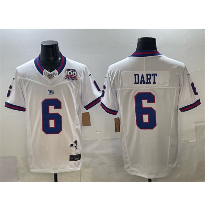 Men's New York Giants #6 Jaxson Dart White 2025 Draft F.U.S.E. 100th Season & State Vapor Limited Stitched Football Jersey