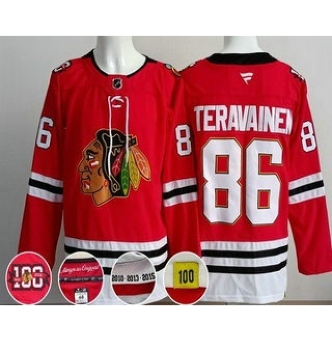 Men's Chicago Blackhawks #86 Teuvo Teravainen Red 100 Years Anniversary Authentic Jersey