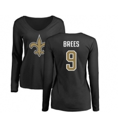 Football Women's New Orleans Saints #9 Drew Brees Black Name & Number Logo Slim Fit Long Sleeve T-Shirt