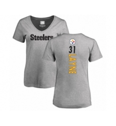 Women's Pittsburgh Steelers #31 Justin Layne Ash Backer V-Neck T-Shirt