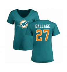 Football Women's Miami Dolphins #27 Kalen Ballage Aqua Green Name & Number Logo T-Shirt