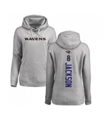 Football Women's Baltimore Ravens #8 Lamar Jackson Ash Backer Pullover Hoodie