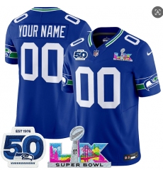 Men's Seattle Seahawks Active Player Custom Royal 2025 F.U.S.E. Super Bowl LX Patch And 50th Season Patch Vapor Throwback Limited Football Stitched Jersey