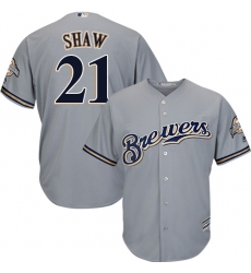 Youth Majestic Milwaukee Brewers #21 Travis Shaw Replica Grey Road Cool Base MLB Jersey